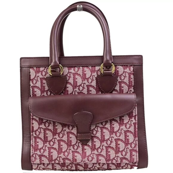 Dior Handbags - CHRISTIAN DIOR Logo Trotter Pattern Hand Bag Canvas Leather Burgundy GHW 26ED174